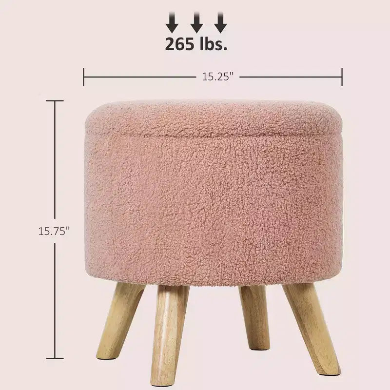 Pouf contenitore rotondo in lino | Poggiapiedi imbottito con contenitore nascosto e gambe in legno