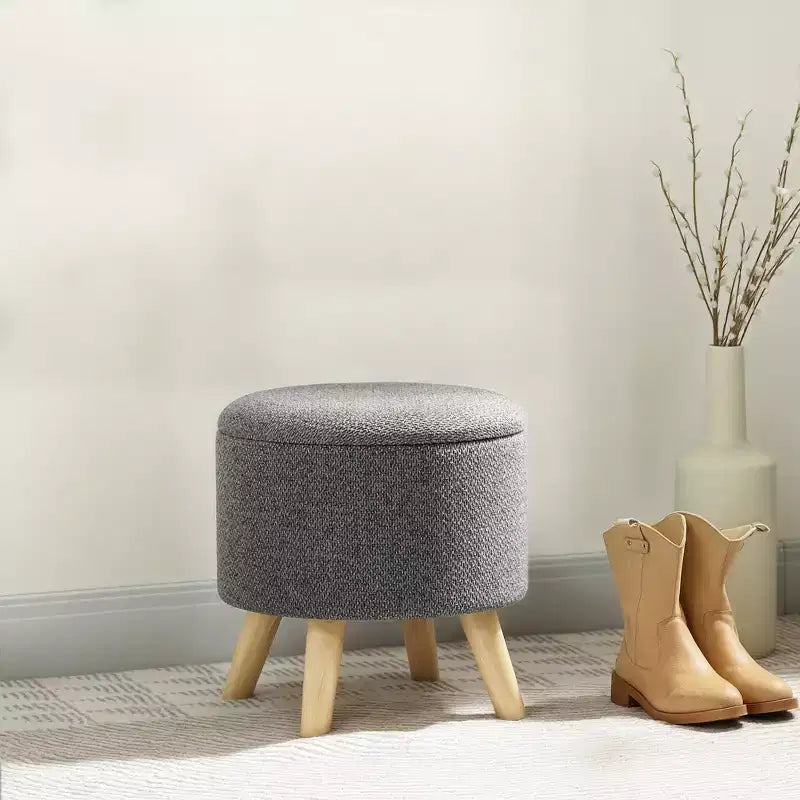 Pouf contenitore rotondo in lino | Poggiapiedi imbottito con contenitore nascosto e gambe in legno