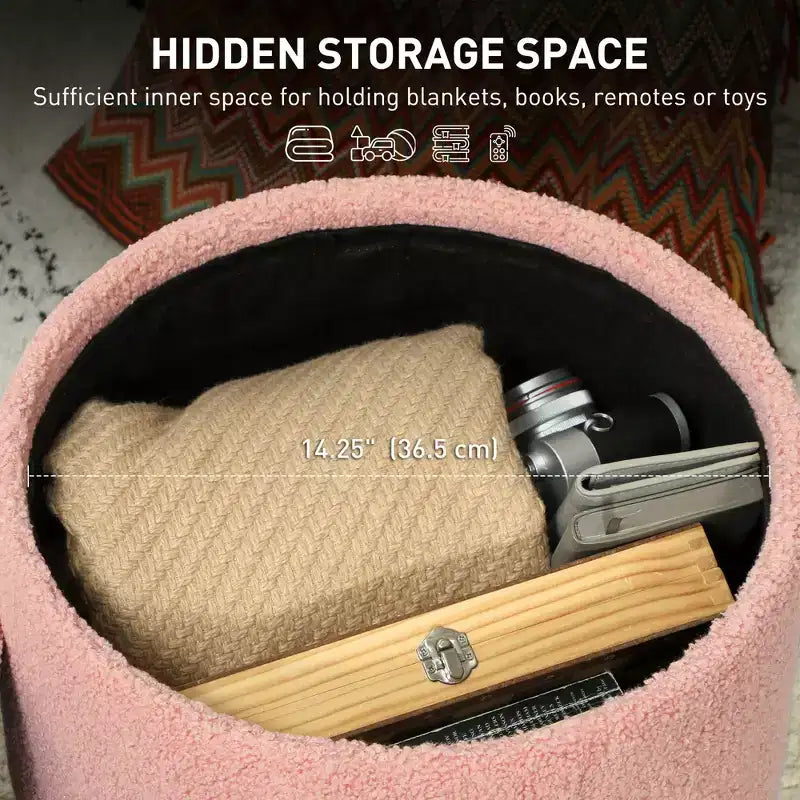Pouf contenitore rotondo in lino | Poggiapiedi imbottito con contenitore nascosto e gambe in legno