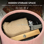 Pouf contenitore rotondo in lino | Poggiapiedi imbottito con contenitore nascosto e gambe in legno
