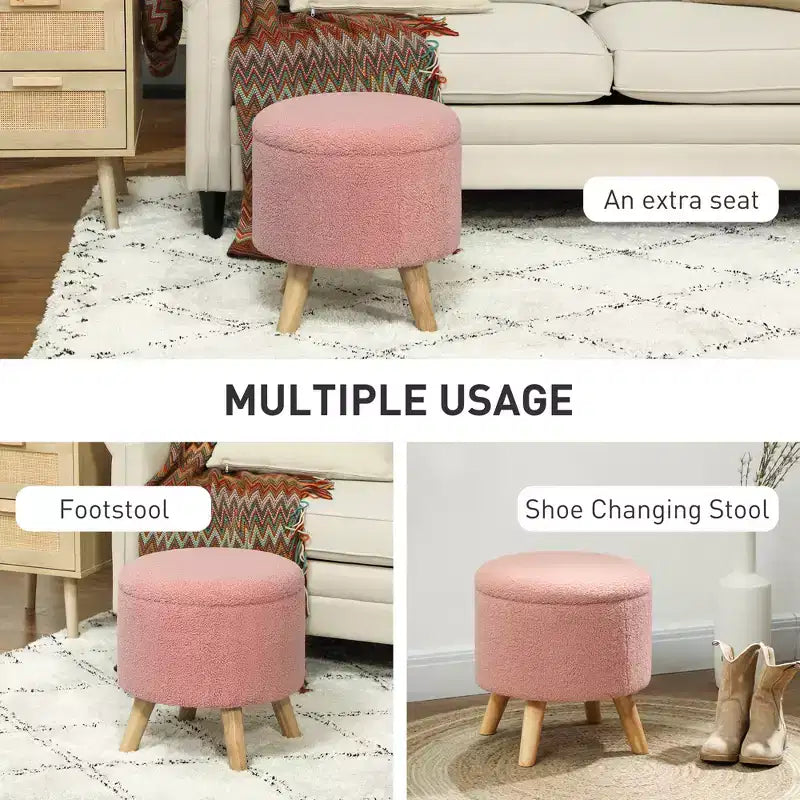 Pouf contenitore rotondo in lino | Poggiapiedi imbottito con contenitore nascosto e gambe in legno