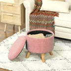 Pouf contenitore rotondo in lino | Poggiapiedi imbottito con contenitore nascosto e gambe in legno