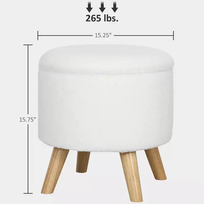 Pouf contenitore rotondo in lino | Poggiapiedi imbottito con contenitore nascosto e gambe in legno