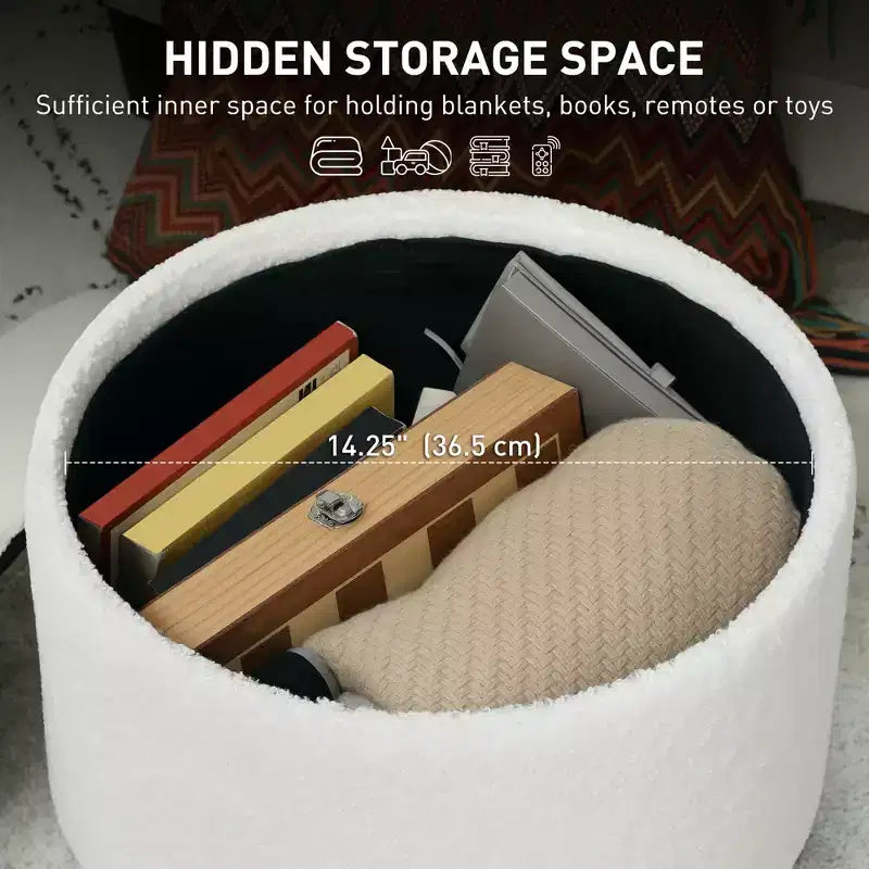 Pouf contenitore rotondo in lino | Poggiapiedi imbottito con contenitore nascosto e gambe in legno