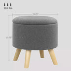 Pouf contenitore rotondo in lino | Poggiapiedi imbottito con contenitore nascosto e gambe in legno