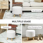 Pouf contenitore rotondo in lino | Poggiapiedi imbottito con contenitore nascosto e gambe in legno