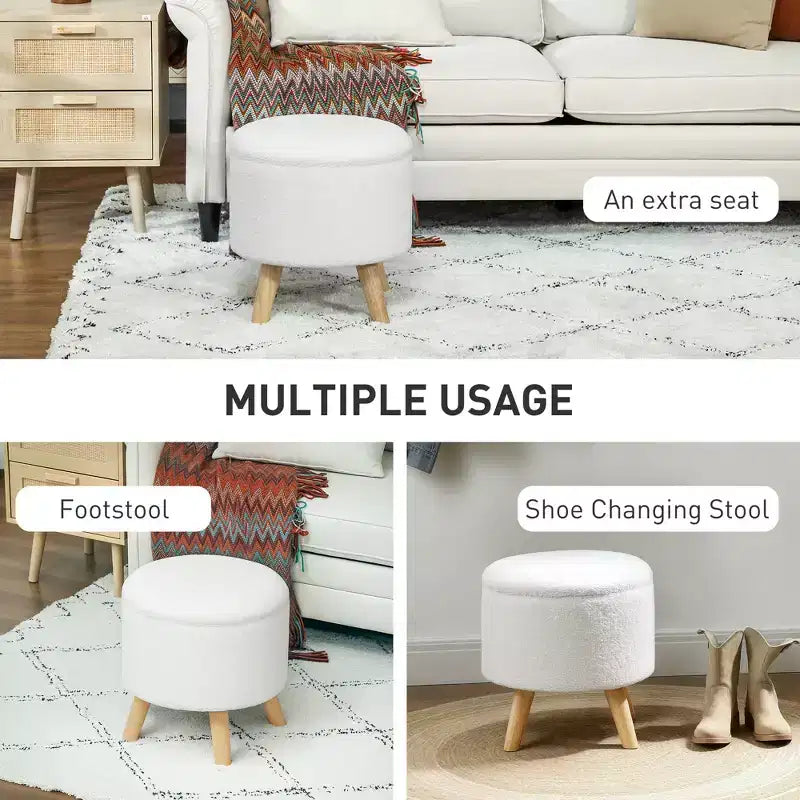 Pouf contenitore rotondo in lino | Poggiapiedi imbottito con contenitore nascosto e gambe in legno