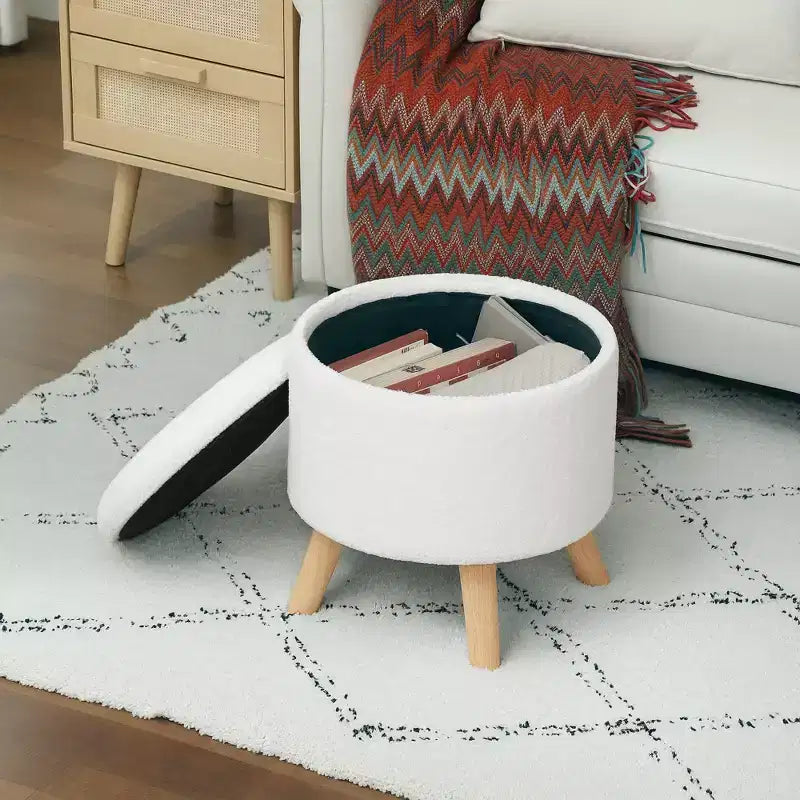 Pouf contenitore rotondo in lino | Poggiapiedi imbottito con contenitore nascosto e gambe in legno