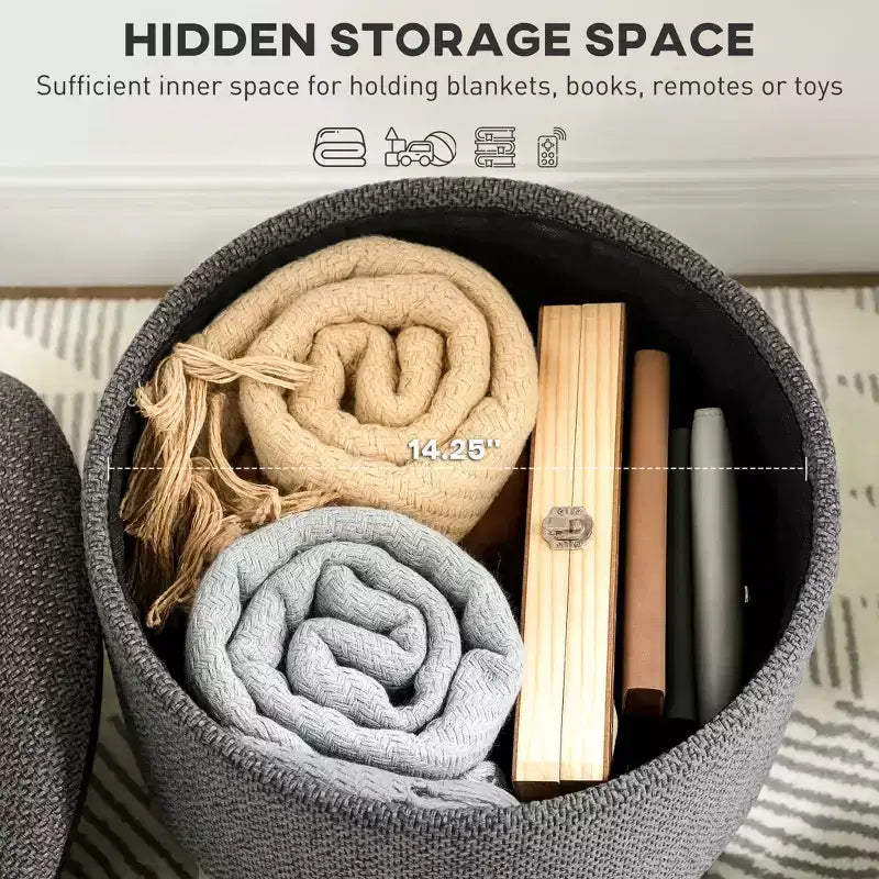 Pouf contenitore rotondo in lino | Poggiapiedi imbottito con contenitore nascosto e gambe in legno