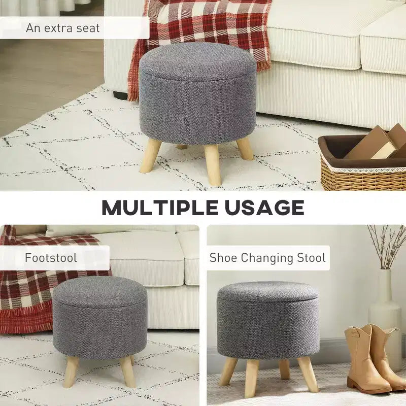 Pouf contenitore rotondo in lino | Poggiapiedi imbottito con contenitore nascosto e gambe in legno