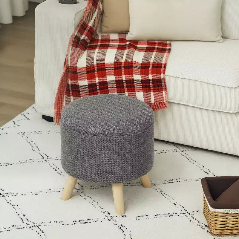 Pouf contenitore rotondo in lino | Poggiapiedi imbottito con contenitore nascosto e gambe in legno