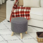 Pouf contenitore rotondo in lino | Poggiapiedi imbottito con contenitore nascosto e gambe in legno
