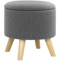 Round Ottoman Stool with Storage, Linen Upholstered Foot Stool with Padded Seat, Hidden Space and Wood Legs