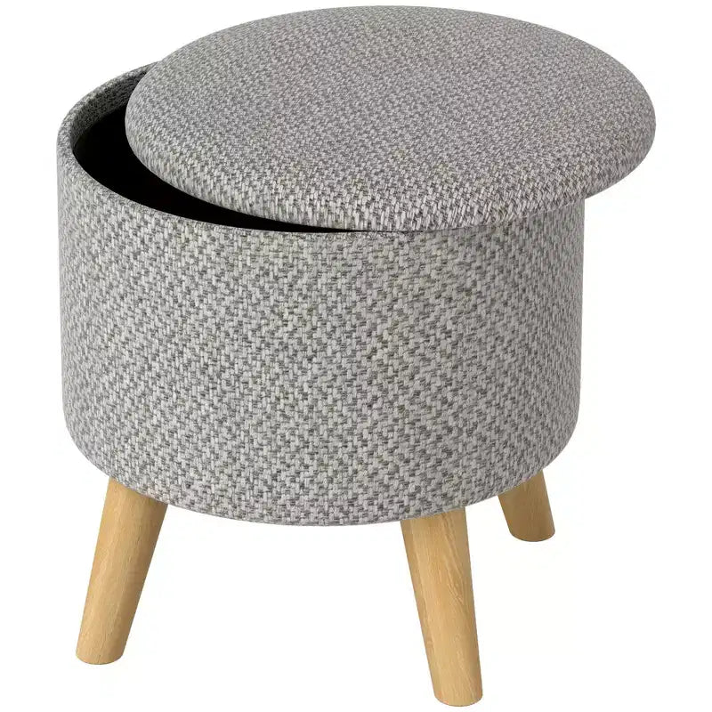 Pouf contenitore rotondo in lino | Poggiapiedi imbottito con contenitore nascosto e gambe in legno