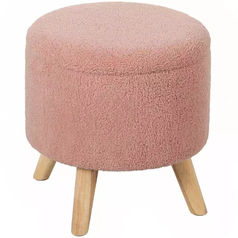 Pouf contenitore rotondo in lino | Poggiapiedi imbottito con contenitore nascosto e gambe in legno