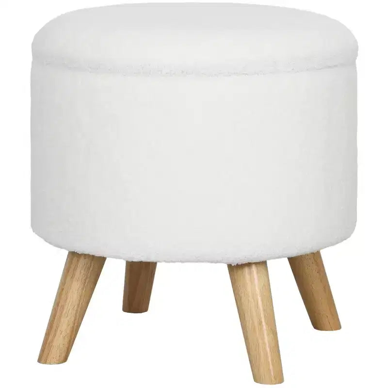 Pouf contenitore rotondo in lino | Poggiapiedi imbottito con contenitore nascosto e gambe in legno