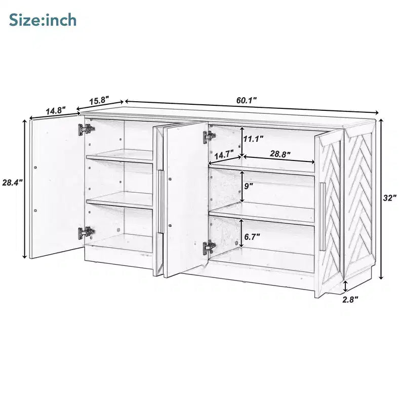 Credenza a buffet, mobile consolle moderno, mobile a pavimento in legno con 4 ante, credenza a buffet in legno