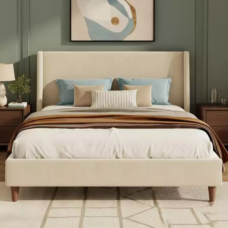 Letto Imbottito Moderno con Base a Piattaforma | Testiera a Orecchie e Gambe in Noce, Queen/King