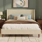 Letto Imbottito Moderno con Base a Piattaforma | Testiera a Orecchie e Gambe in Noce, Queen/King