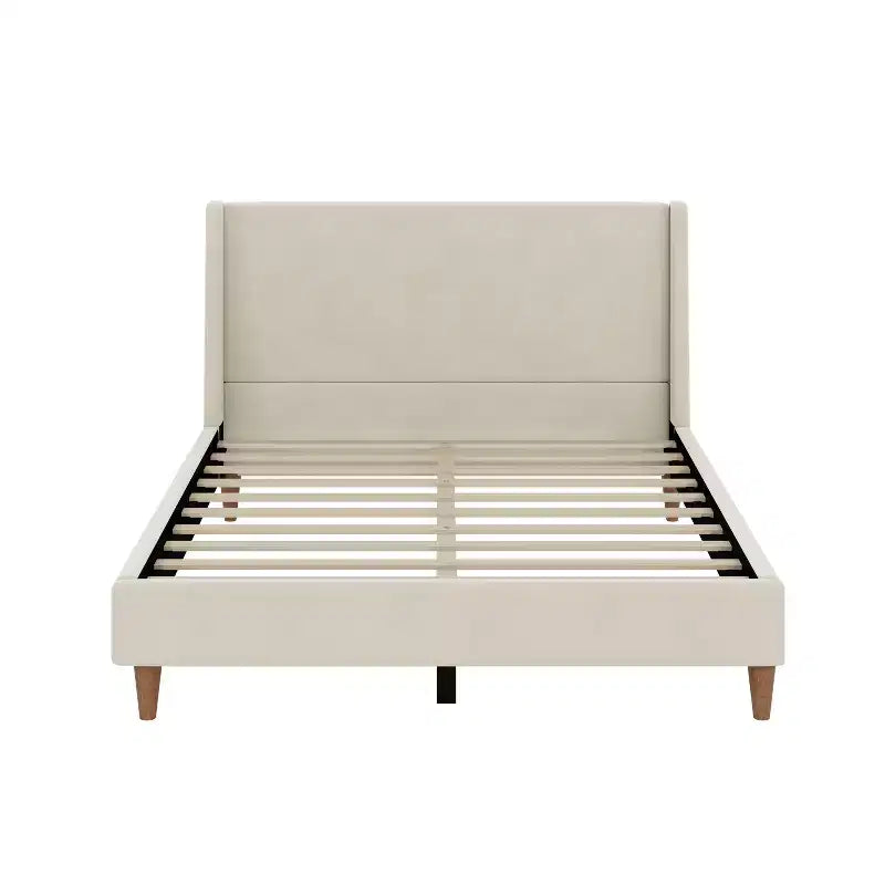 Letto Imbottito Moderno con Base a Piattaforma | Testiera a Orecchie e Gambe in Noce, Queen/King