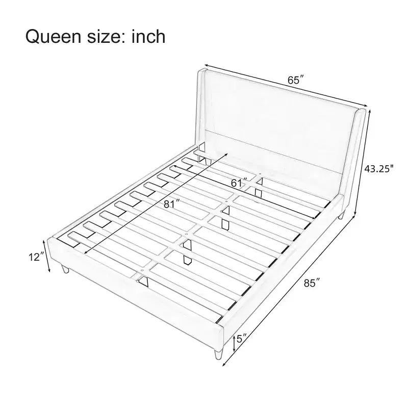 Letto Imbottito Moderno con Base a Piattaforma | Testiera a Orecchie e Gambe in Noce, Queen/King