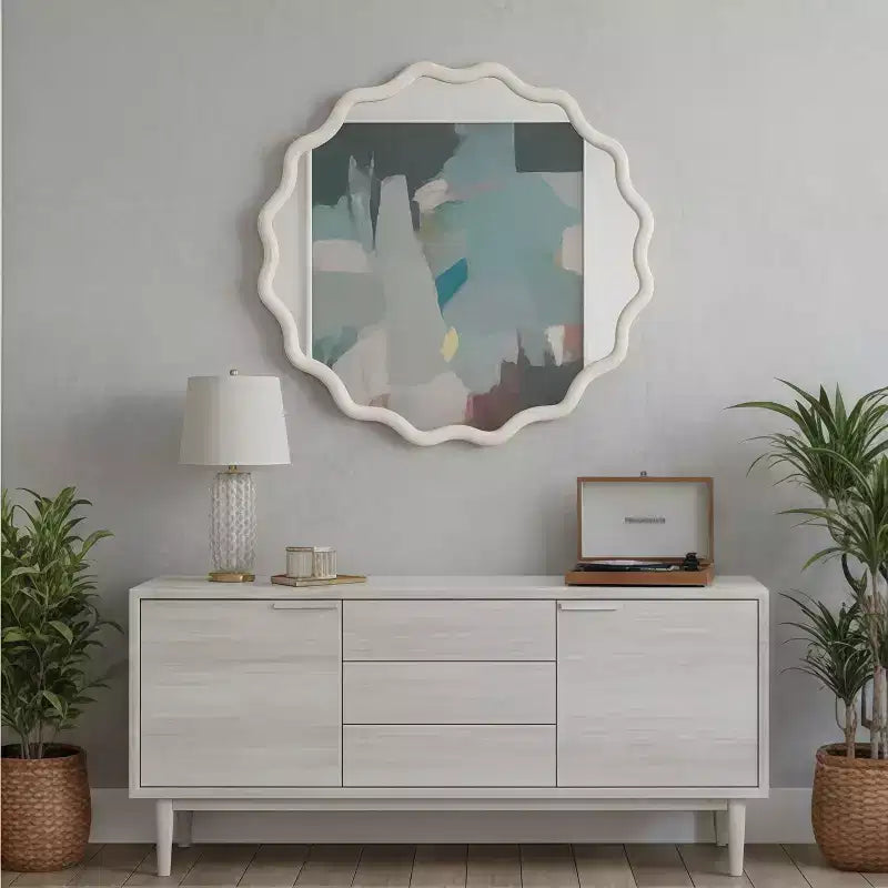 Specchio da parete rotondo ondulato con cornice in legno massello da 36" | Arredamento rustico, bianco