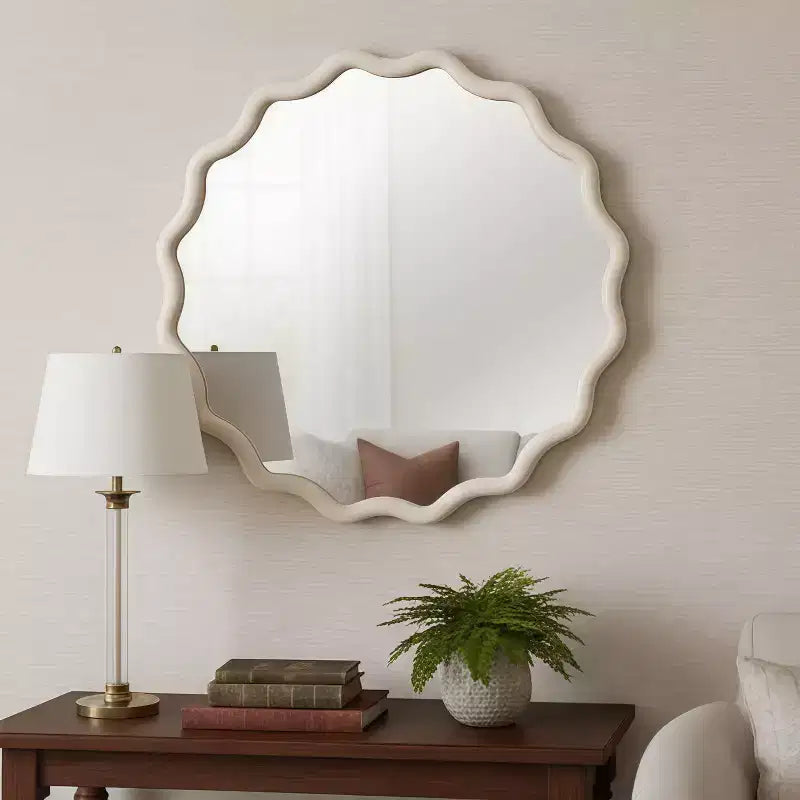 Specchio da parete rotondo ondulato con cornice in legno massello da 36" | Arredamento rustico, bianco