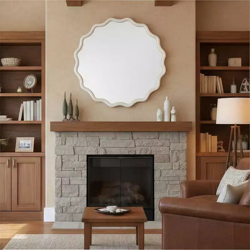 Specchio da parete rotondo ondulato con cornice in legno massello da 36" | Arredamento rustico, bianco