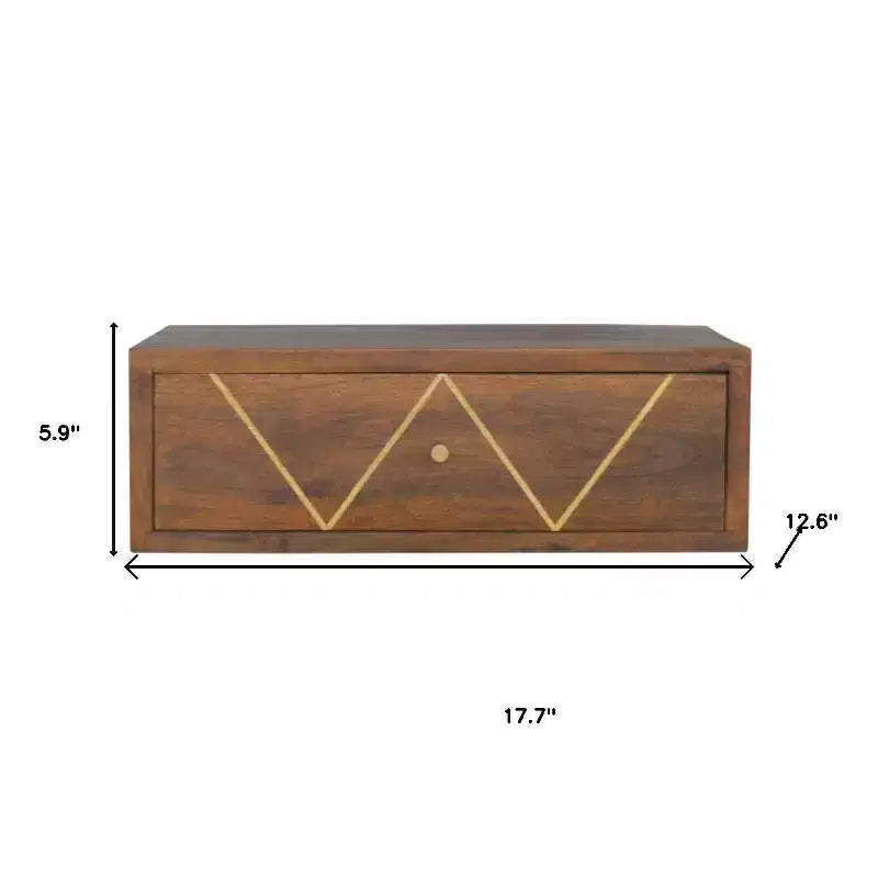Comodino sospeso in legno massello di mango marrone | Intarsio in ottone, 1 cassetto, da parete