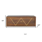 Comodino sospeso in legno massello di mango marrone | Intarsio in ottone, 1 cassetto, da parete