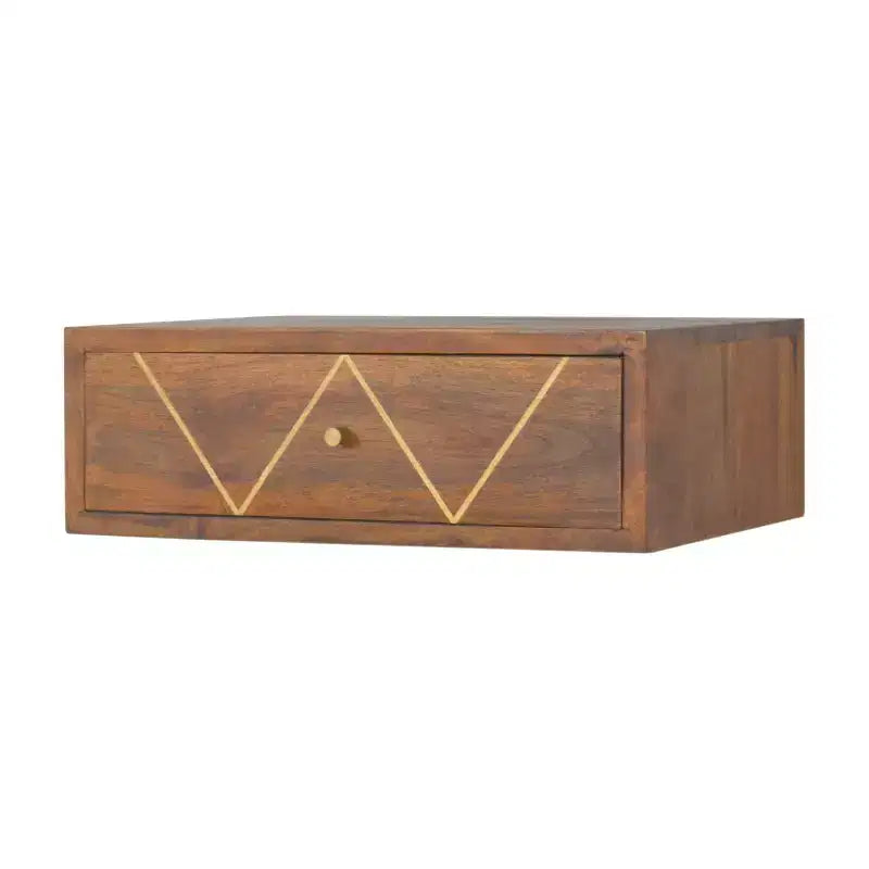 Comodino sospeso in legno massello di mango marrone | Intarsio in ottone, 1 cassetto, da parete