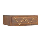 Comodino sospeso in legno massello di mango marrone | Intarsio in ottone, 1 cassetto, da parete