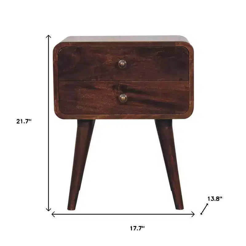 Comodino a 2 cassetti in legno massello di mango color castagno | Bordo curvo e gambe affusolate, H 56 cm