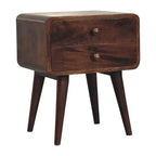 Comodino a 2 cassetti in legno massello di mango color castagno | Bordo curvo e gambe affusolate, H 56 cm