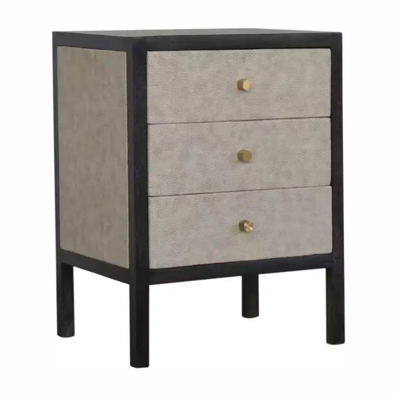 Comodino a 3 cassetti in legno massello di mango grigio e nero | Pelle sintetica zigrinata, 61 cm H