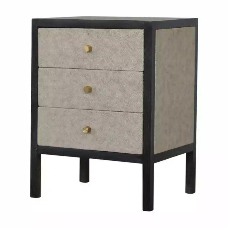 Comodino a 3 cassetti in legno massello di mango grigio e nero | Pelle sintetica zigrinata, 61 cm H