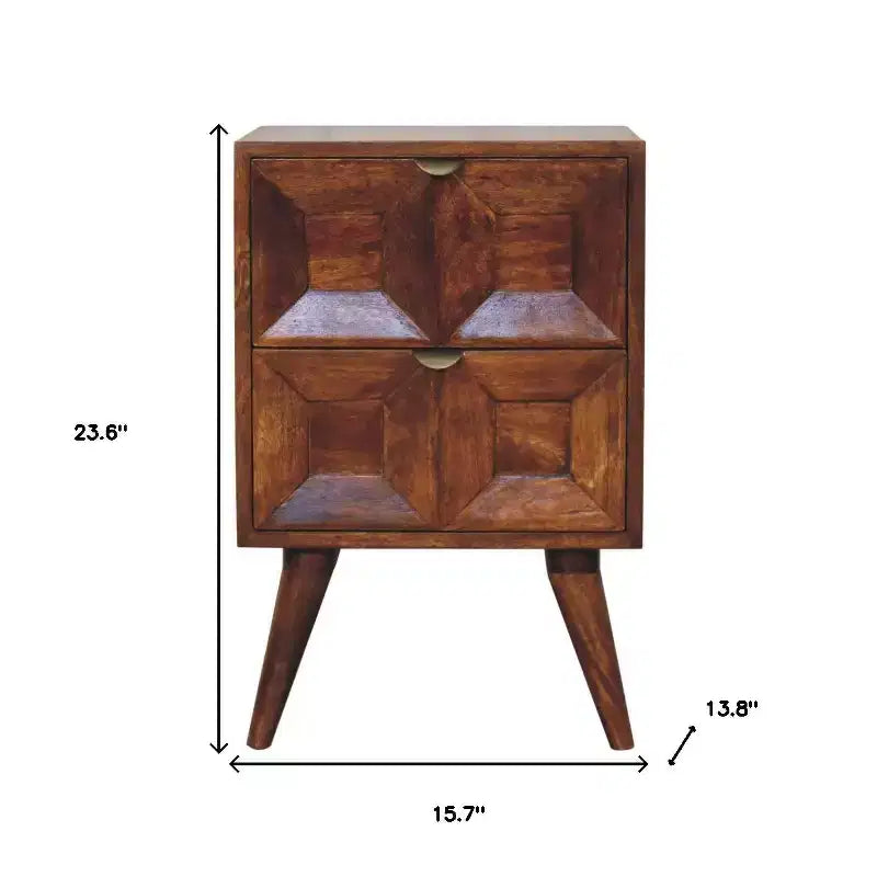 Comodino in Legno Massello di Mango Marrone Scuro | 2 Cassetti, Design Geometrico Intagliato, 61 cm H