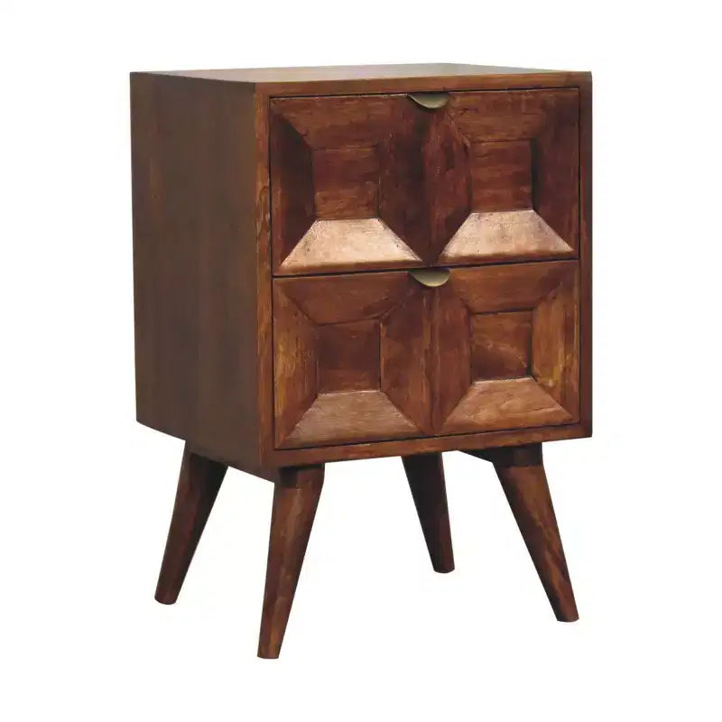 Comodino in Legno Massello di Mango Marrone Scuro | 2 Cassetti, Design Geometrico Intagliato, 61 cm H