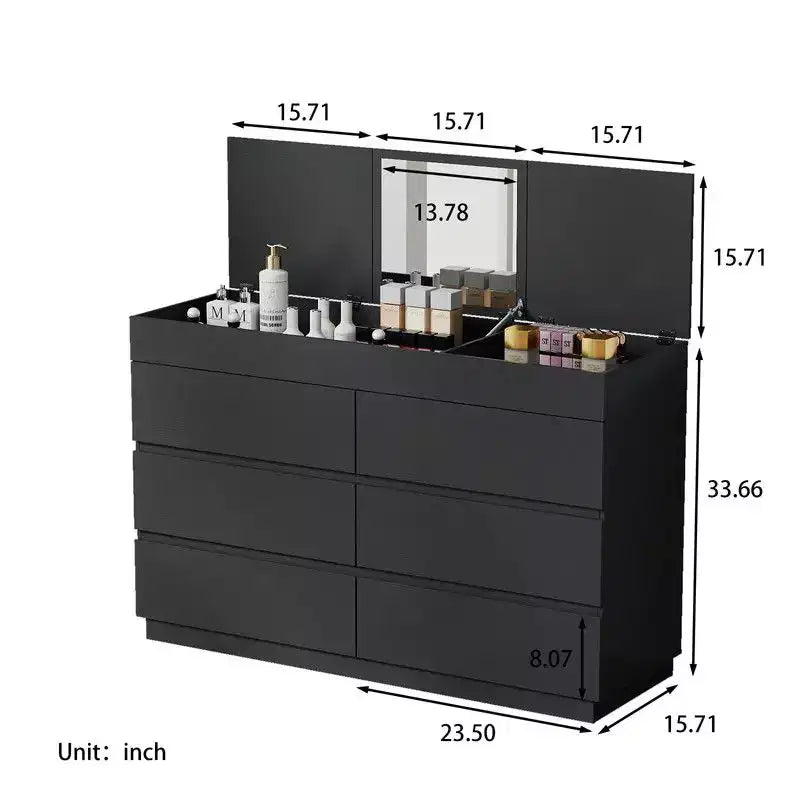 Comò nero goffrato a 6 cassetti con specchio | Larghezza 120 cm, truciolare, finitura melaminica