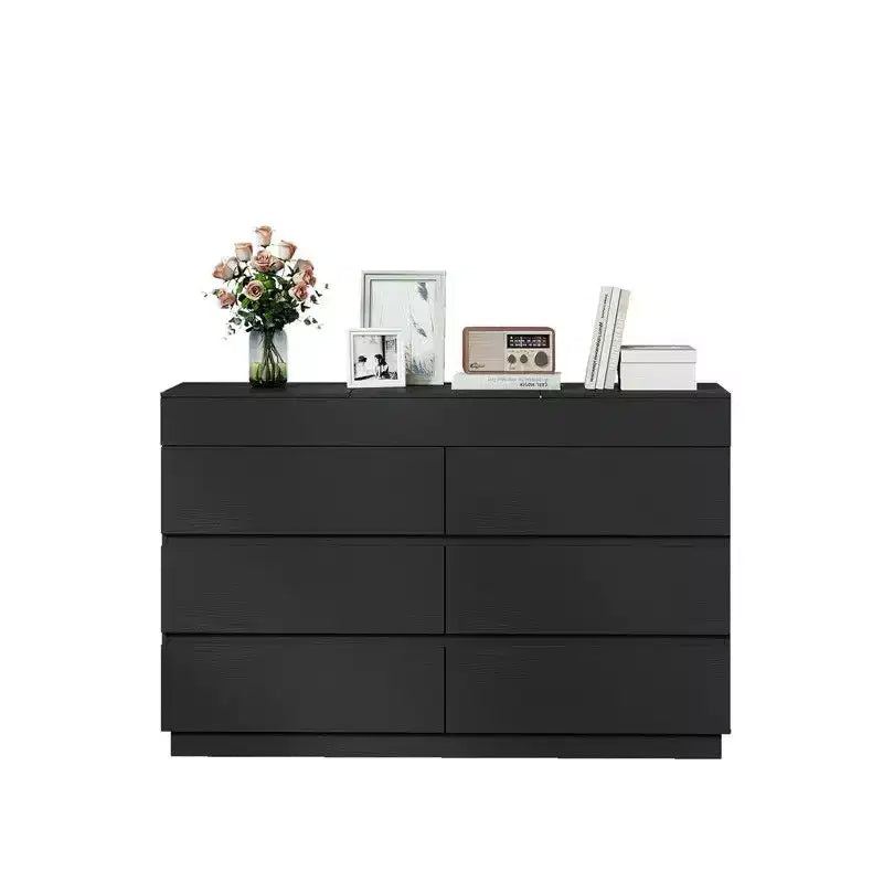 Comò nero goffrato a 6 cassetti con specchio | Larghezza 120 cm, truciolare, finitura melaminica