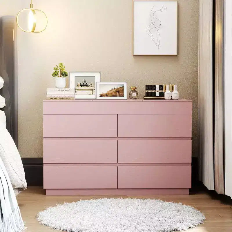 Comò rosa goffrato a 6 cassetti con specchio | 120 cm L truciolato, finitura melaminica