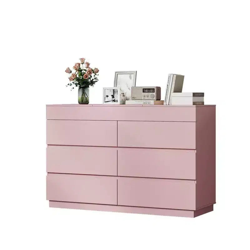 Comò rosa goffrato a 6 cassetti con specchio | 120 cm L truciolato, finitura melaminica