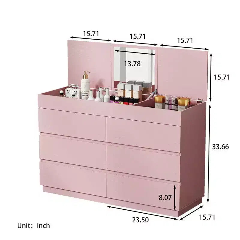 Comò rosa goffrato a 6 cassetti con specchio | 120 cm L truciolato, finitura melaminica