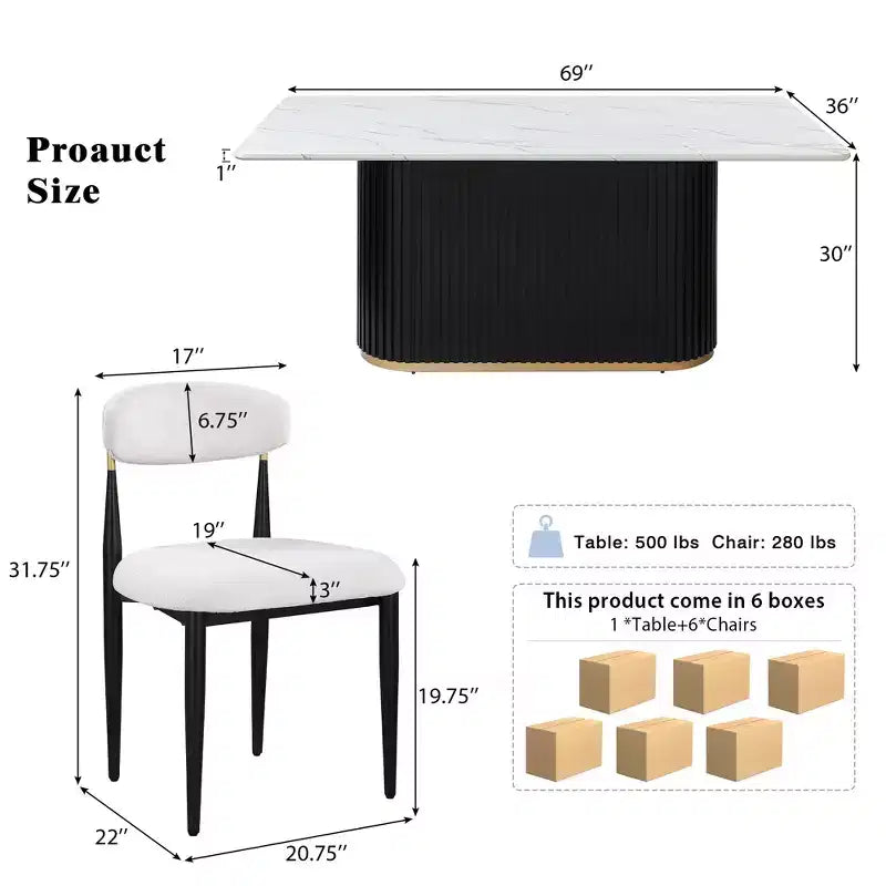 Set da Pranzo Moderno 7 Pezzi in Finto Marmo | Base in Metallo Scanalato e 6 Sedie in ciniglia, Posti a Sedere per 6 Persone