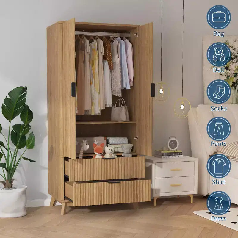 Armadio con ante scanalate, armadio in legno da 180 cm con 2 ante, 2 cassetti, ripiano regolabile e bastone appendiabiti, mobile contenitore per vestiti