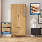 Armadio con ante scanalate, armadio in legno da 180 cm con 2 ante, 2 cassetti, ripiano regolabile e bastone appendiabiti, mobile contenitore per vestiti