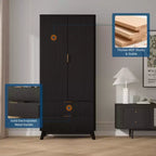 Armadio con ante scanalate, armadio in legno da 180 cm con 2 ante, 2 cassetti, ripiano regolabile e bastone appendiabiti, mobile contenitore per vestiti