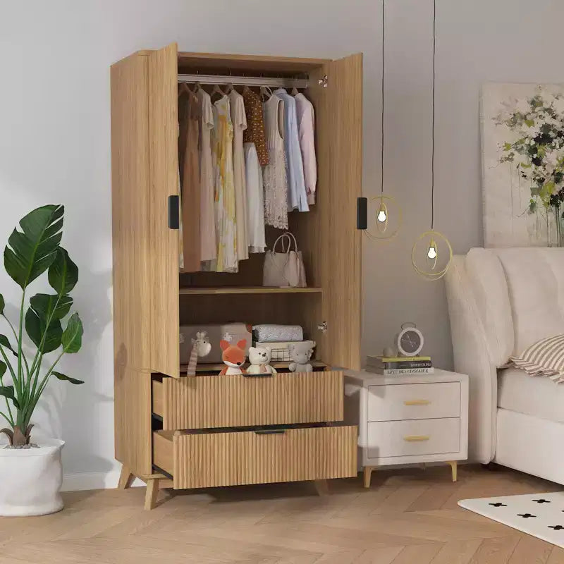 Armadio con ante scanalate, armadio in legno da 180 cm con 2 ante, 2 cassetti, ripiano regolabile e bastone appendiabiti, mobile contenitore per vestiti