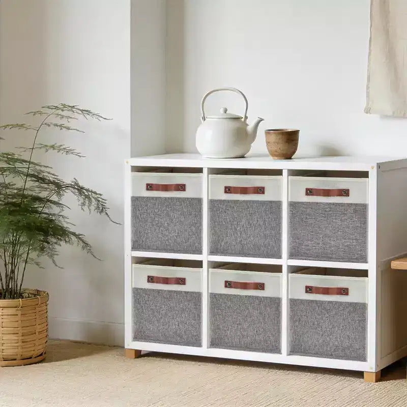 6 scatole portaoggetti pieghevoli in tessuto di lino con maniglie in pelle, cesti organizer cubici con base rimovibile doppia per armadio e asilo nido, 33x33x33 cm