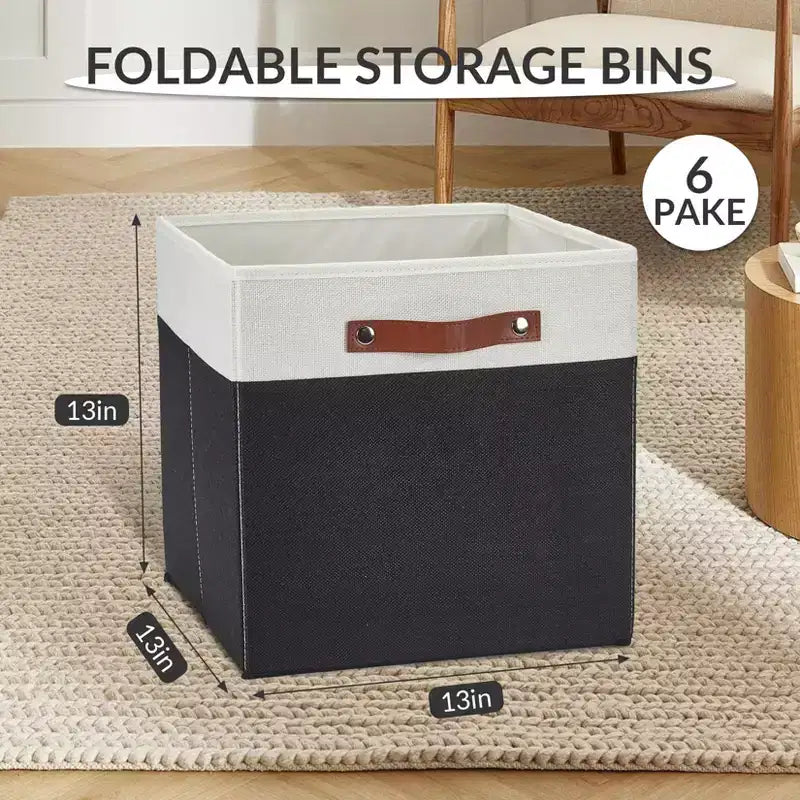 6 scatole portaoggetti pieghevoli in tessuto di lino con maniglie in pelle, cesti organizer cubici con base rimovibile doppia per armadio e asilo nido, 33x33x33 cm